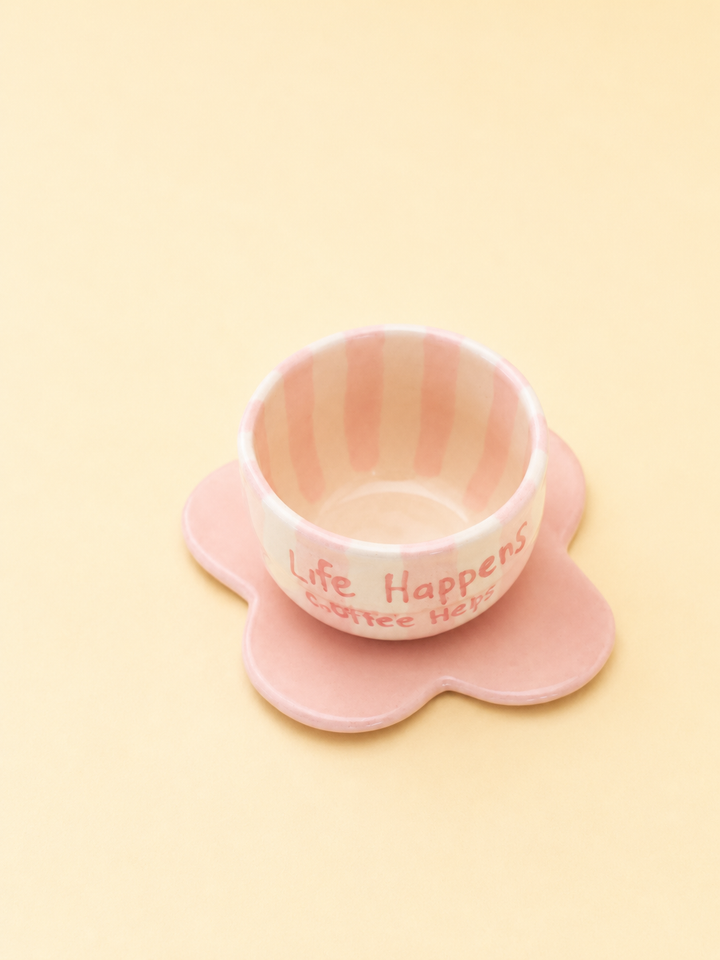Handmade Pink Striped Espresso Cup with Flower Saucer –100ml