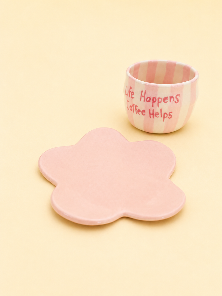 Handmade Pink Striped Espresso Cup with Flower Saucer –100ml