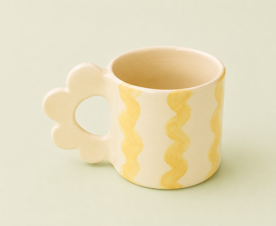 Handmade Yellow Striped Mug with Flower Handle – 450ml