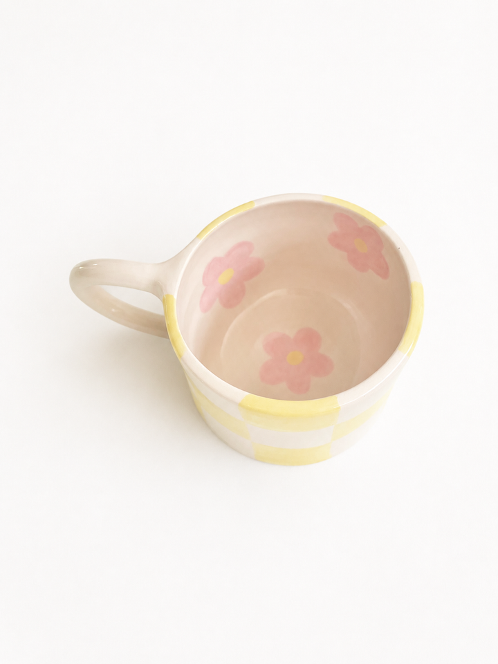 Michu Handmade Checkered with flowers Ceramic Mug 350 ml